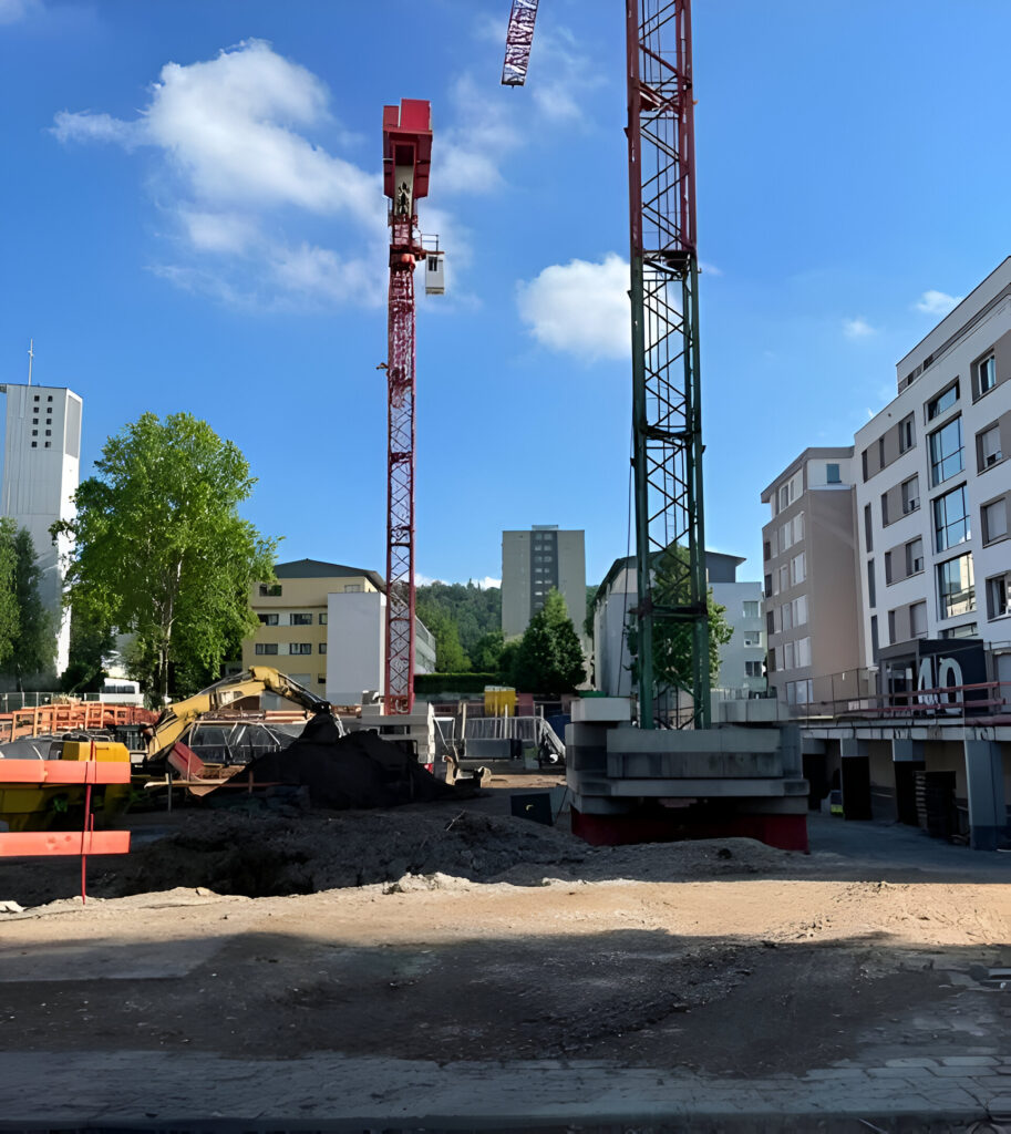 Baustelle mit roten Baukränen und Wohngebäuden im Hintergrund.